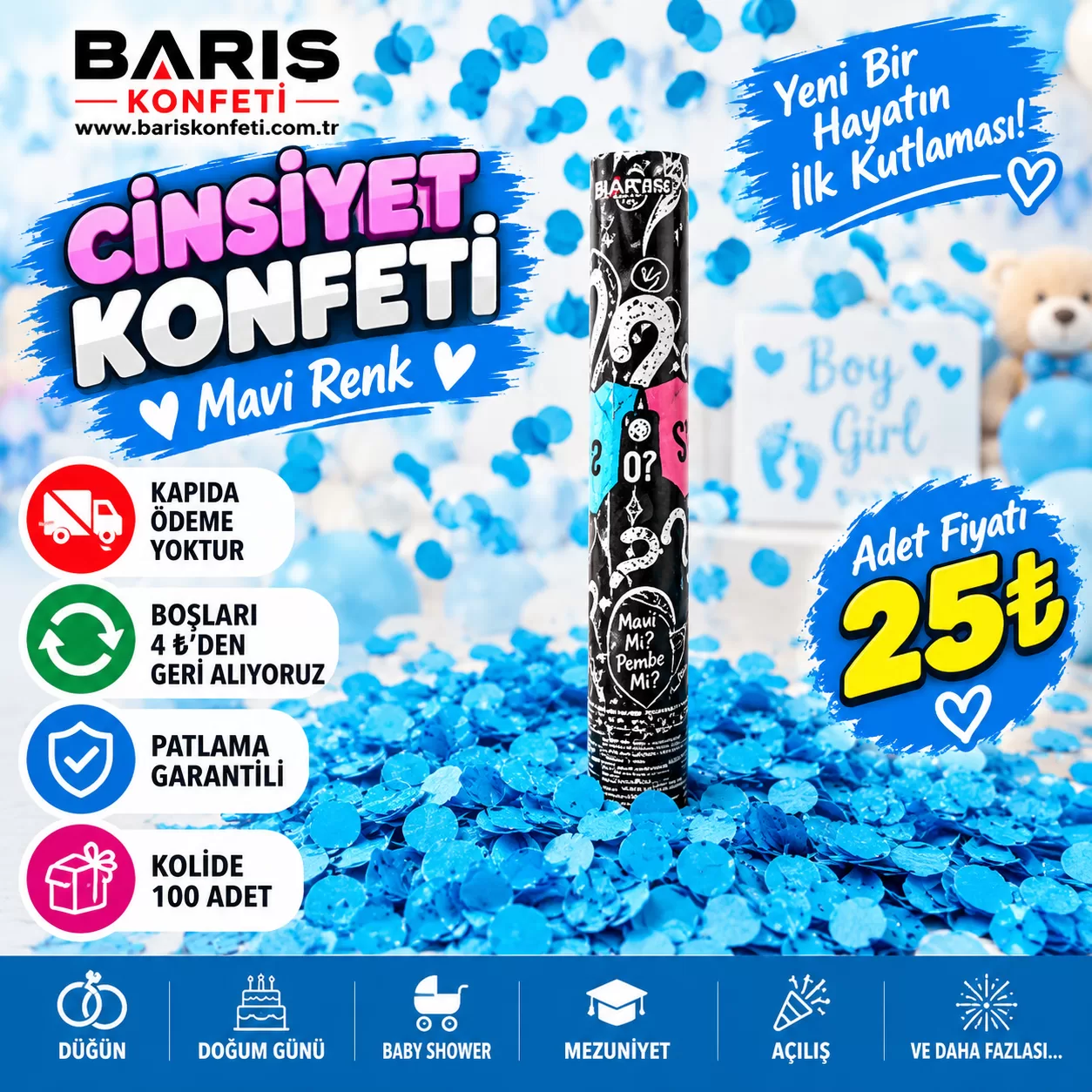 Cinsiyet Konfeti Mavi – Cinsiyet Belirleme Konfetisi